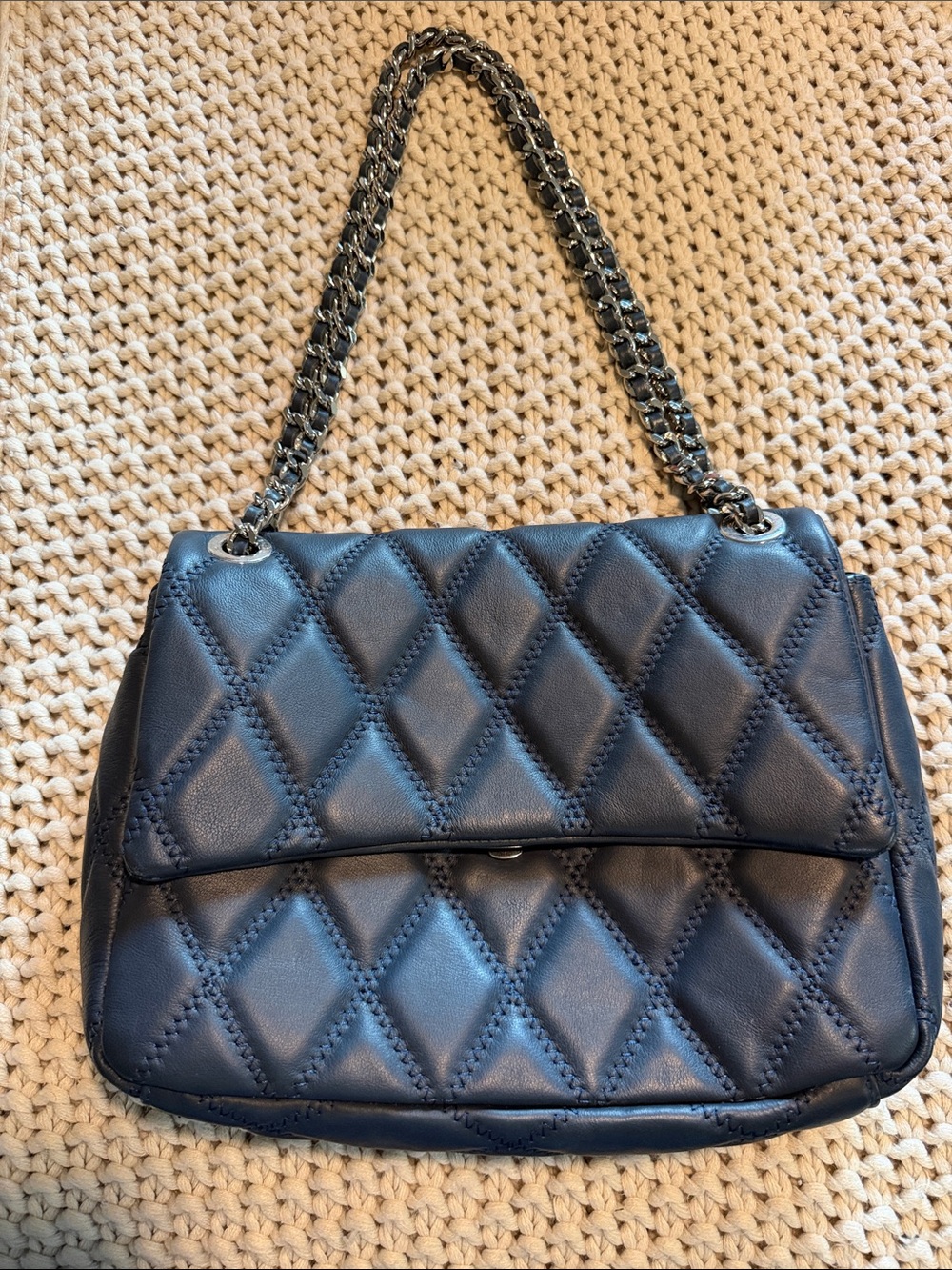 Viola Castellani Quilted Navy Shoulder Bag with Chain Strap